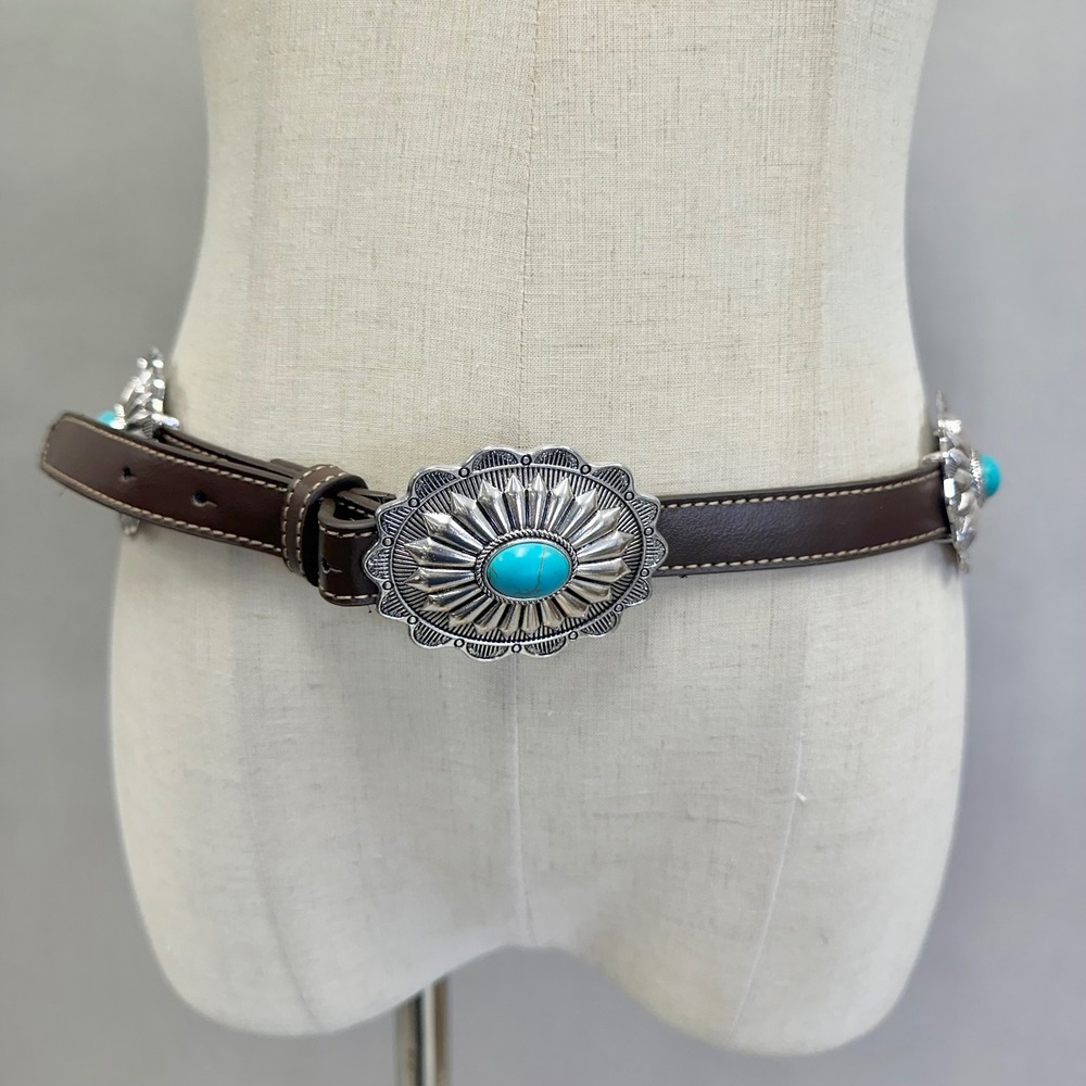 Western Turquoise Concho Belt Women L/XL Brown Faux Leather Silver Tone‎ Buckle